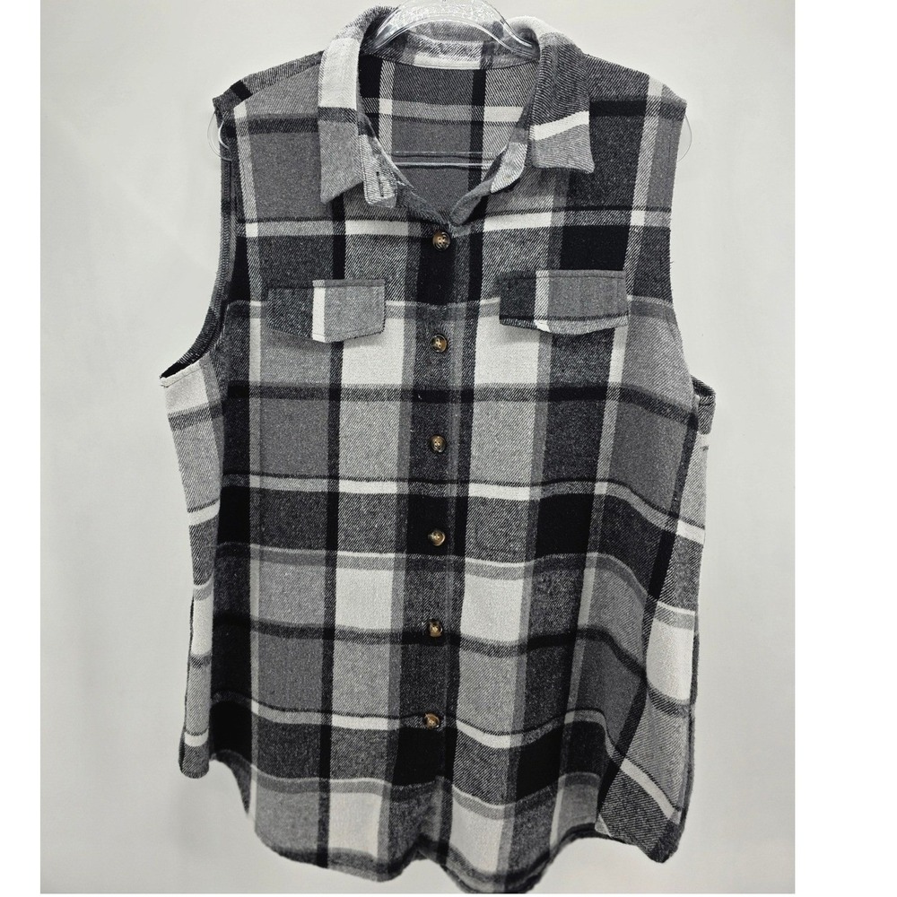 Women Sz 3X Plaid Vests Black & Brown Plaid Button Up Flannel Bundle Layering - Picture 2 of 8